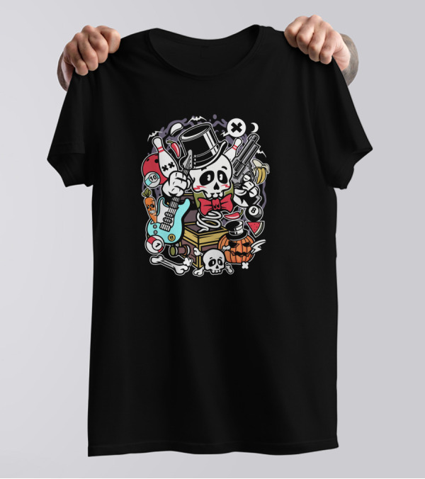 Skull Toy Box Top Hat Guitar Pumpkin Bowling Halloween T-Shirt