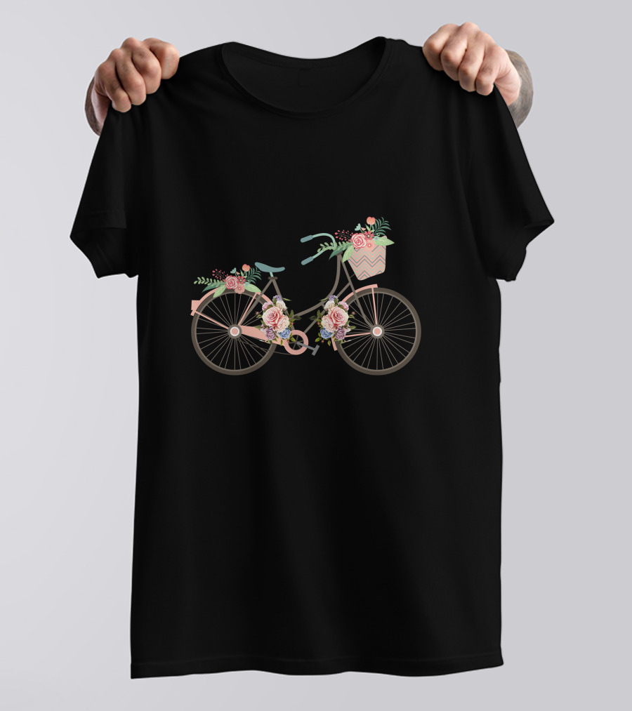 Unique Bicycle Vector Floral Basket Roses T-Shirt