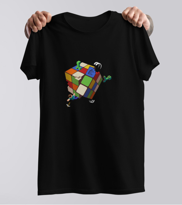 Minecraft Characters Escaping Rubik's Cube Twist Of Fate T-Shirt