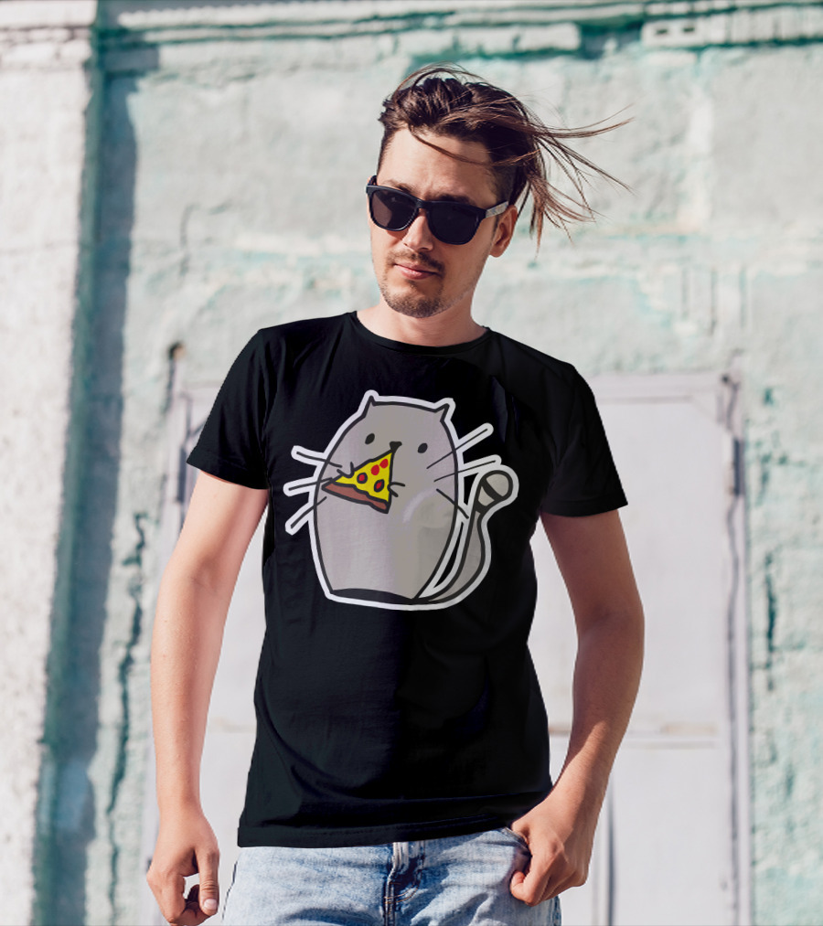 Cat Eating Pizza Slice Icon With Whiskers And Tail T-Shirt