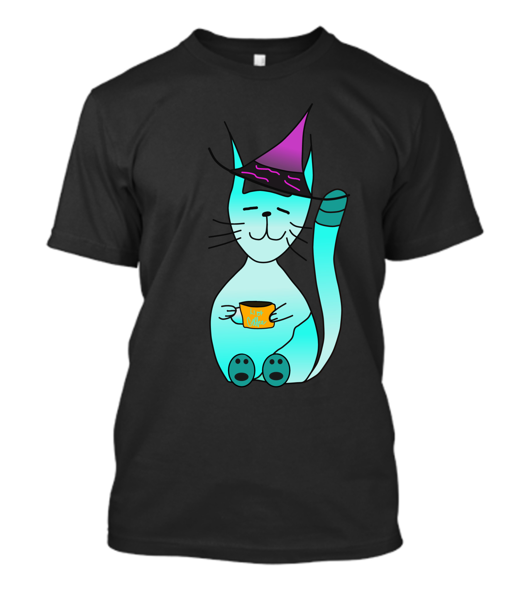Witch Cat With Coffee Cup And Purple Hat T-Shirt