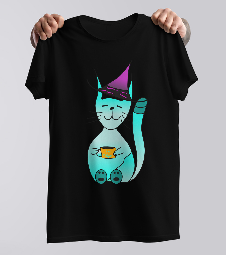 Witch Cat With Coffee Cup And Purple Hat T-Shirt