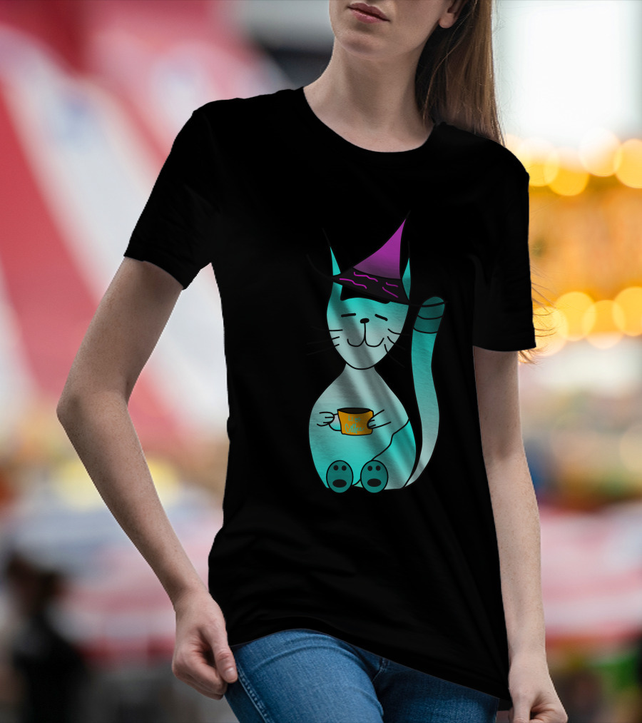 Witch Cat With Coffee Cup And Purple Hat T-Shirt
