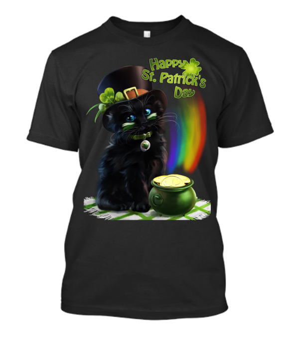 Happy St. Patrick's Day Black Cat With Pot Of Gold And Rainbow T-Shirt