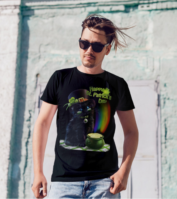 Happy St. Patrick's Day Black Cat With Pot Of Gold And Rainbow T-Shirt