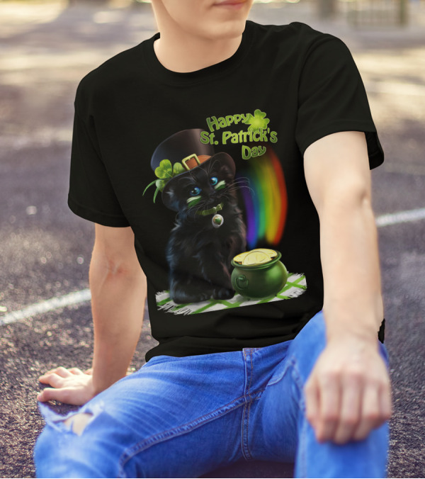 Happy St. Patrick's Day Black Cat With Pot Of Gold And Rainbow T-Shirt