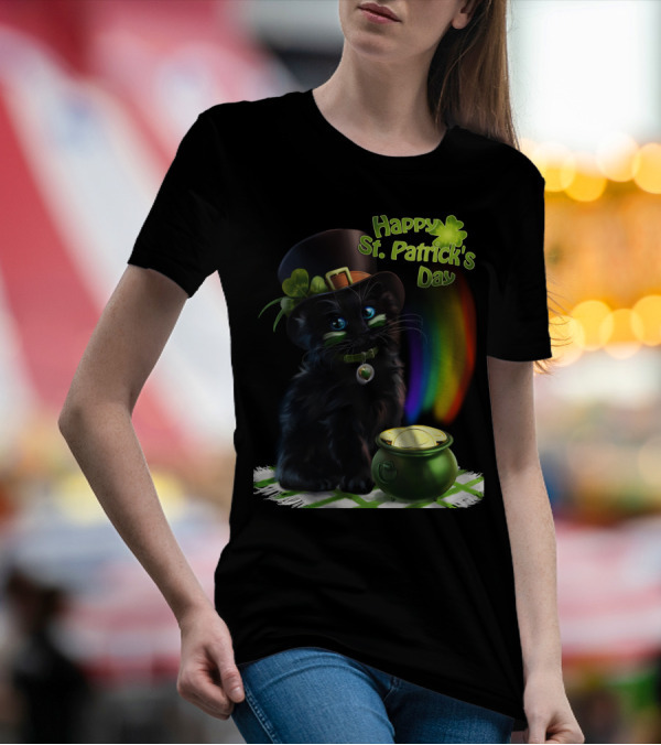 Happy St. Patrick's Day Black Cat With Pot Of Gold And Rainbow T-Shirt