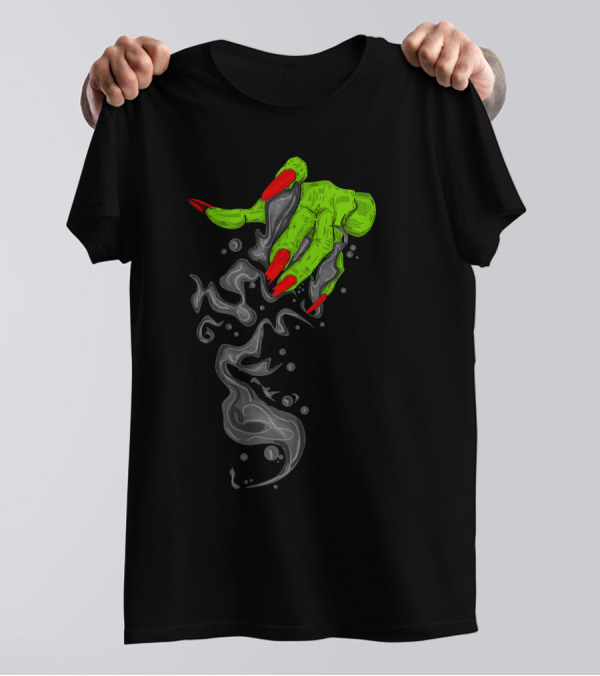 Green Hand With Red Nails And Grey Smoke T-Shirt