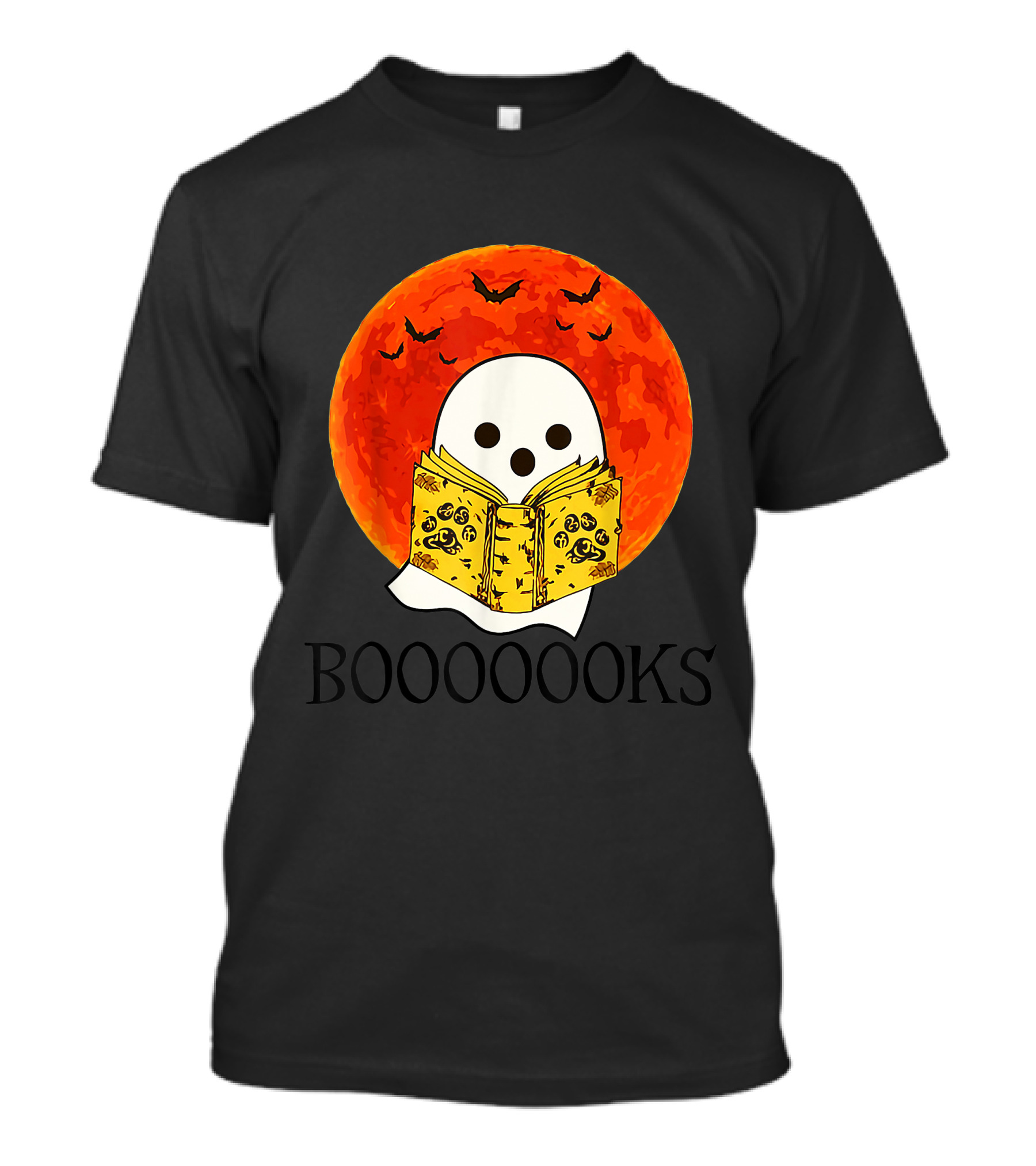 Booooooks Halloween Ghost Reading By Full Orange Moon With Bats T-Shirt