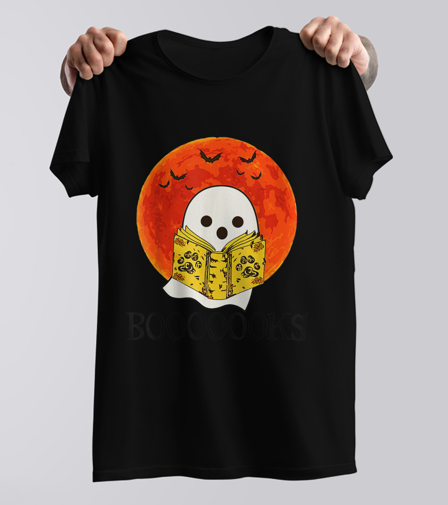 Booooooks Halloween Ghost Reading By Full Orange Moon With Bats T-Shirt