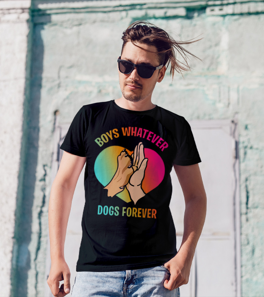 BOYS WHATEVER DOGS FOREVER Rainbow Paw Hand Heart T-Shirt