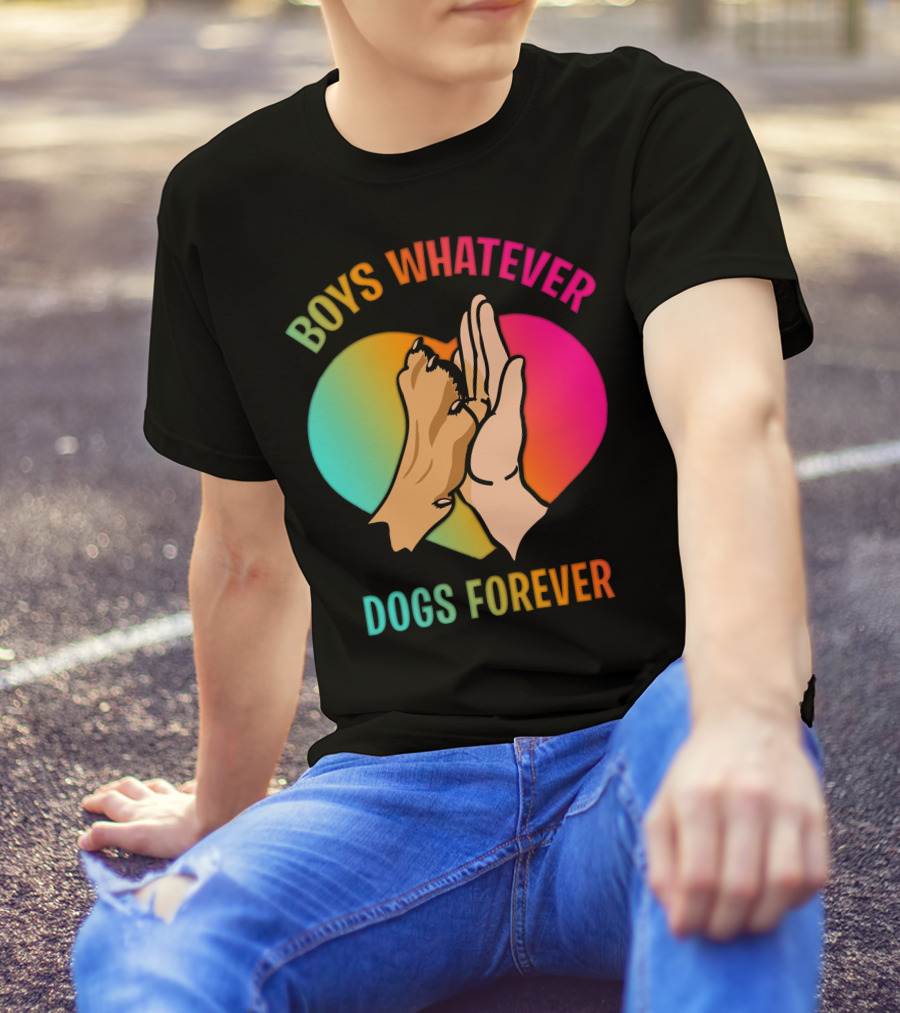 BOYS WHATEVER DOGS FOREVER Rainbow Paw Hand Heart T-Shirt