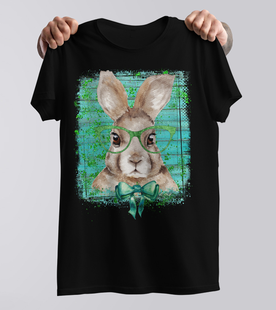 Bunny With Green Glasses And Bow Tie On Teal Background T-Shirt