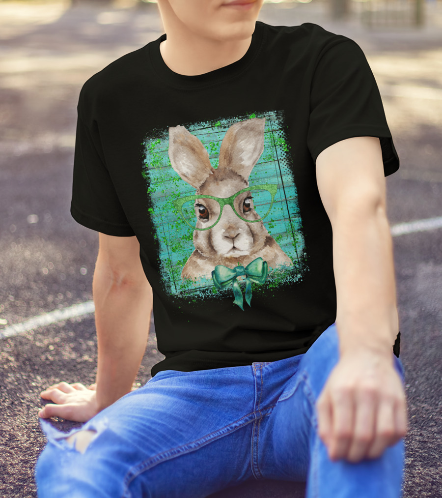 Bunny With Green Glasses And Bow Tie On Teal Background T-Shirt
