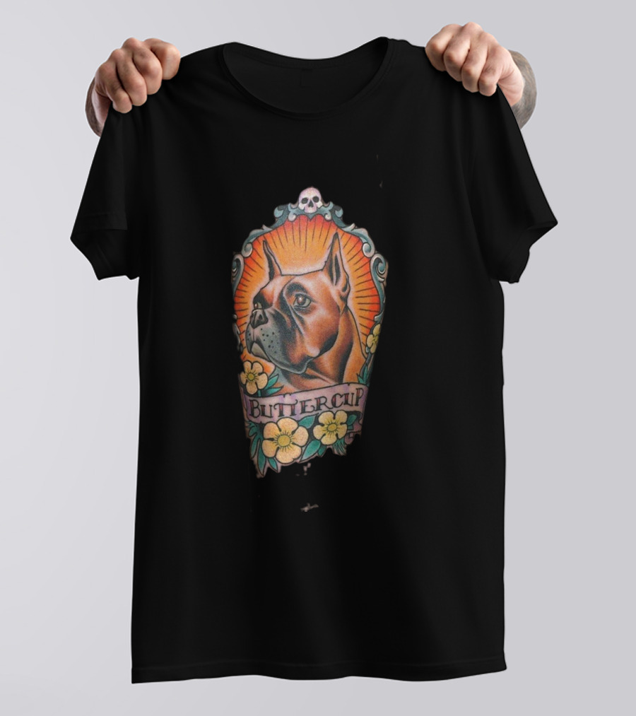 Butter Cup Boxer Dog With Skull And Flowers T-Shirt