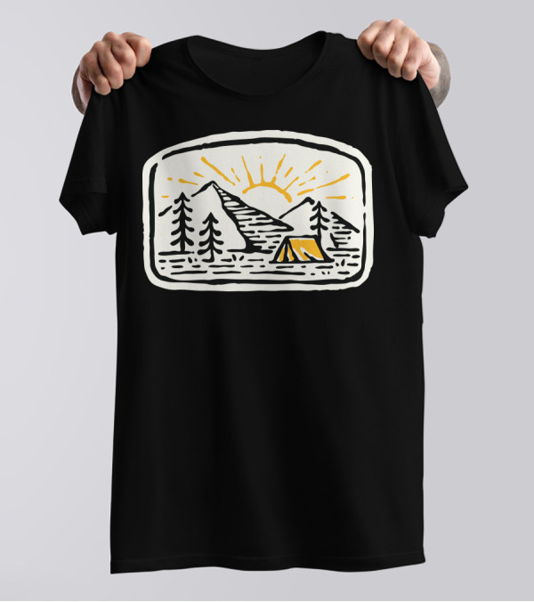 Camp Hand Drawn Sun Over Mountains And Tent T-Shirt