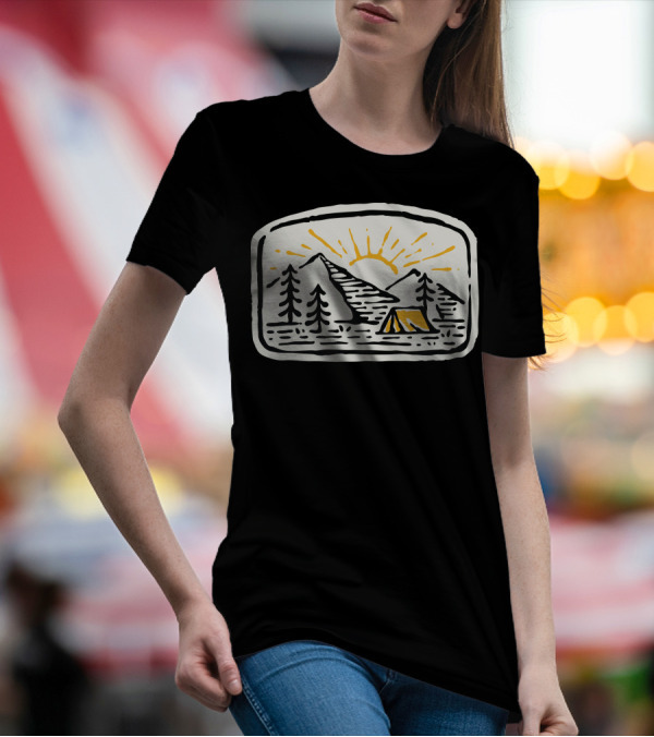 Camp Hand Drawn Sun Over Mountains And Tent T-Shirt