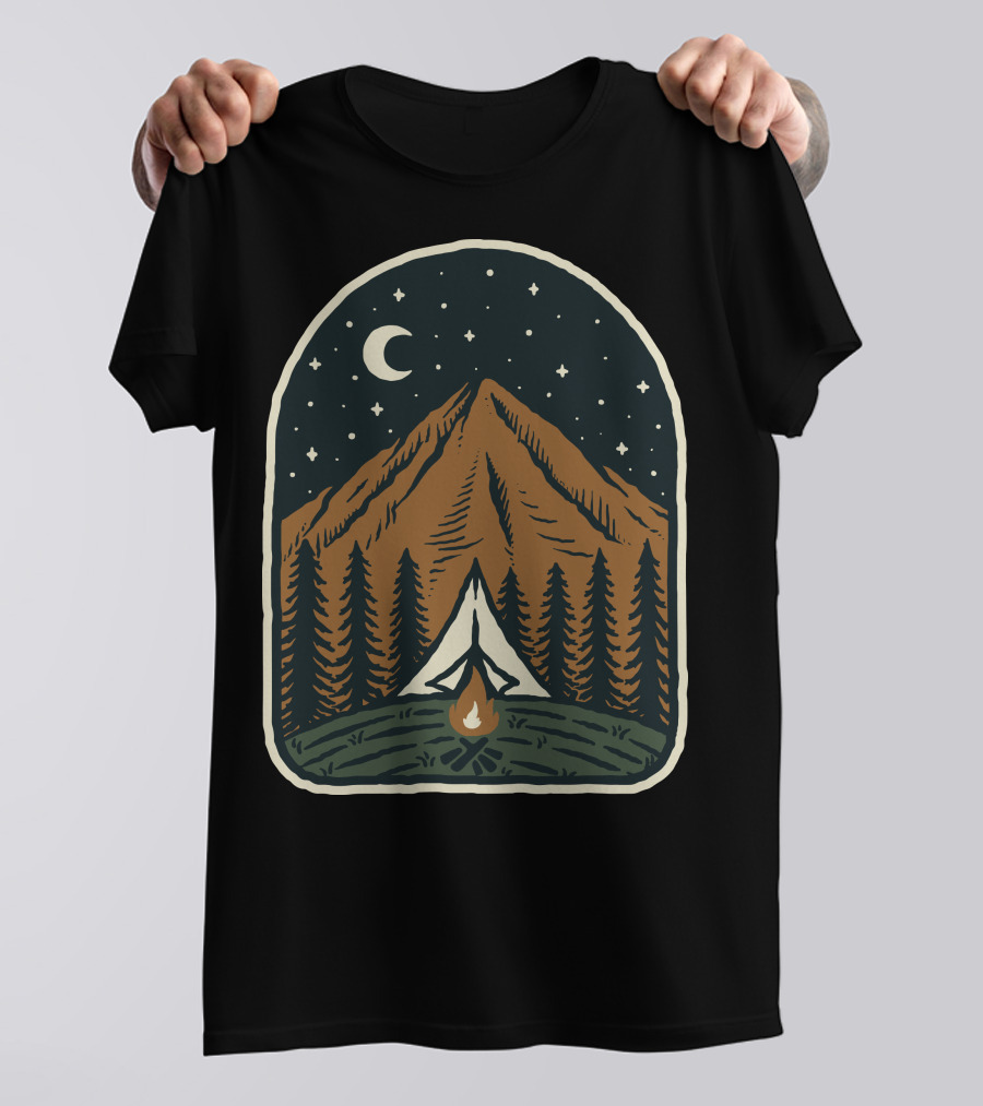Campfire Under Starry Mountain Night With Moon And Tent In Woods T-Shirt