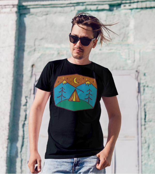 Camp Night Under Crescent Moon With Mountains And Trees T-Shirt