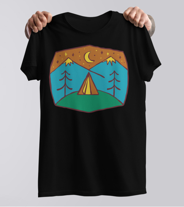Camp Night Under Crescent Moon With Mountains And Trees T-Shirt
