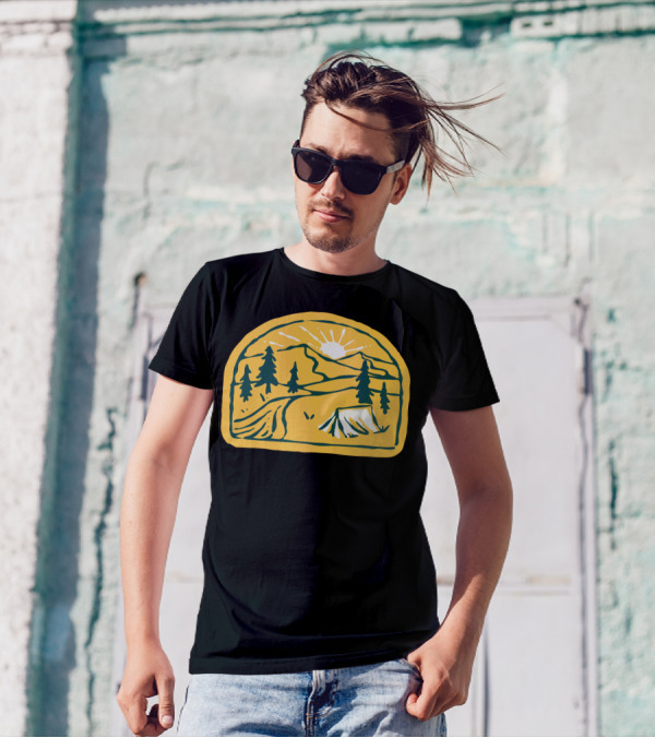 Camp River Hand Drawn Tent Mountain Sunset Pines T-Shirt