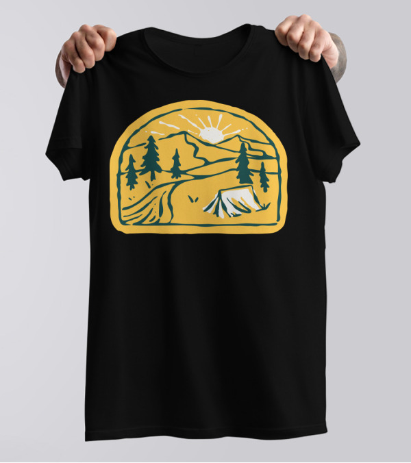 Camp River Hand Drawn Tent Mountain Sunset Pines T-Shirt