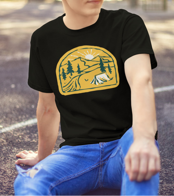 Camp River Hand Drawn Tent Mountain Sunset Pines T-Shirt