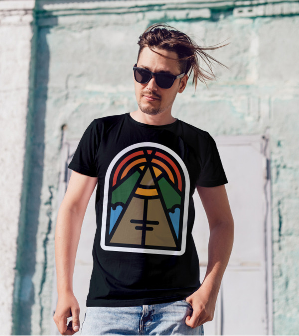 Camp Tent Rainbow Wilderness Retro Badge T-Shirt