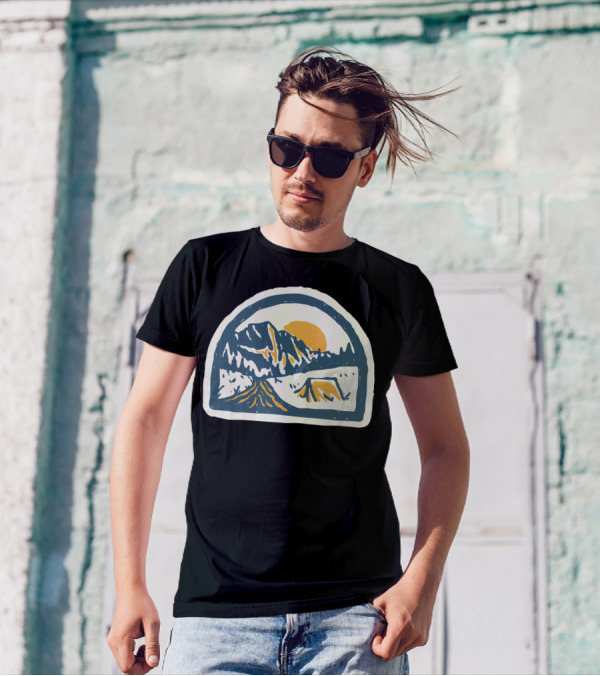 Camping Mountains And Tent Hand Drawn Sun Setting Scene T-Shirt