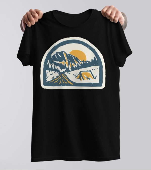 Camping Mountains And Tent Hand Drawn Sun Setting Scene T-Shirt