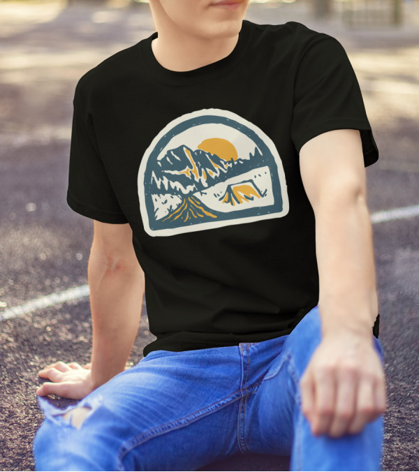 Camping Mountains And Tent Hand Drawn Sun Setting Scene T-Shirt