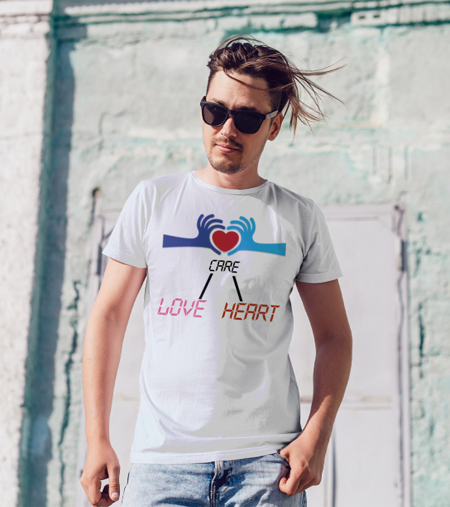 Care Heart Love Hands Red Heart Blue Hands T-Shirt