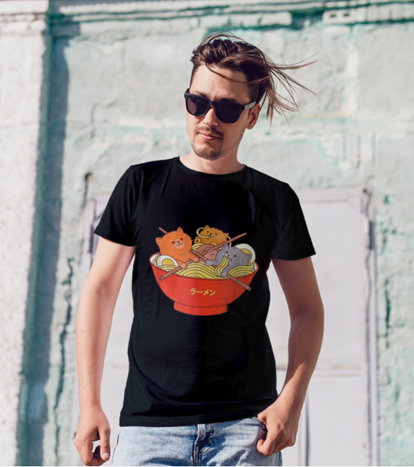 Cat Anime Japanese Ramen Bowl Kittens Eating Ramenst T-Shirt