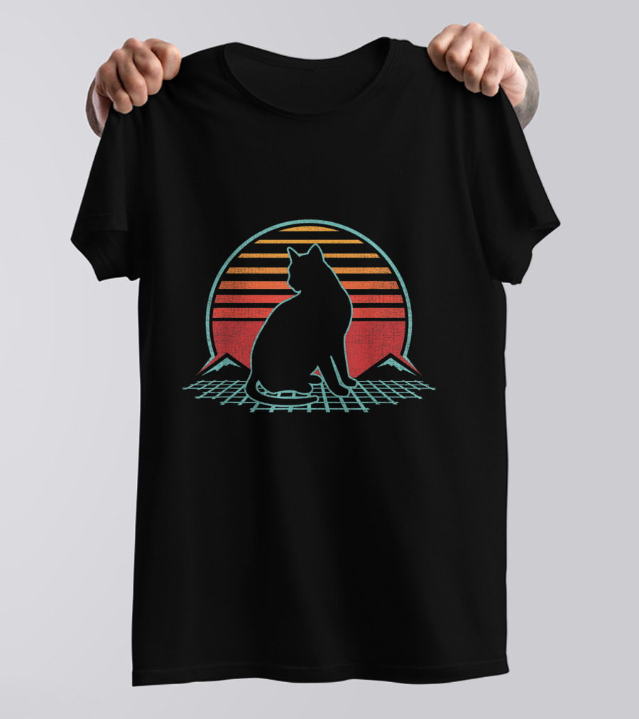 Retro 80s Cat With Sunset And Grid T-Shirt