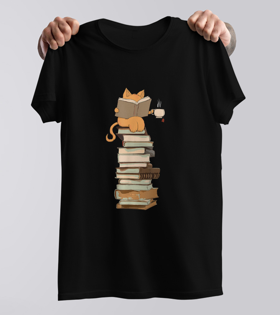 Cat On Books Stack Holding Tea Cup T-Shirt