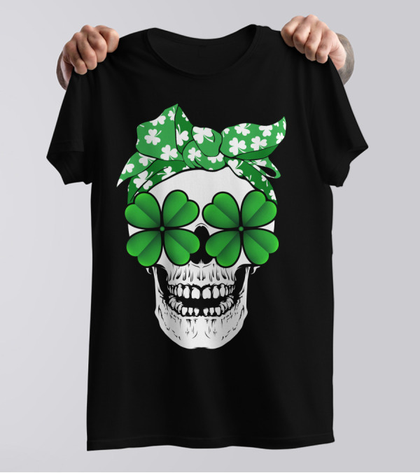 Clover Skull Bandana With Shamrock Glasses T-Shirt
