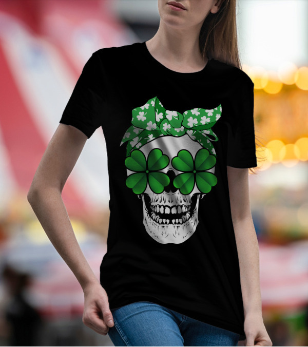 Clover Skull Bandana With Shamrock Glasses T-Shirt