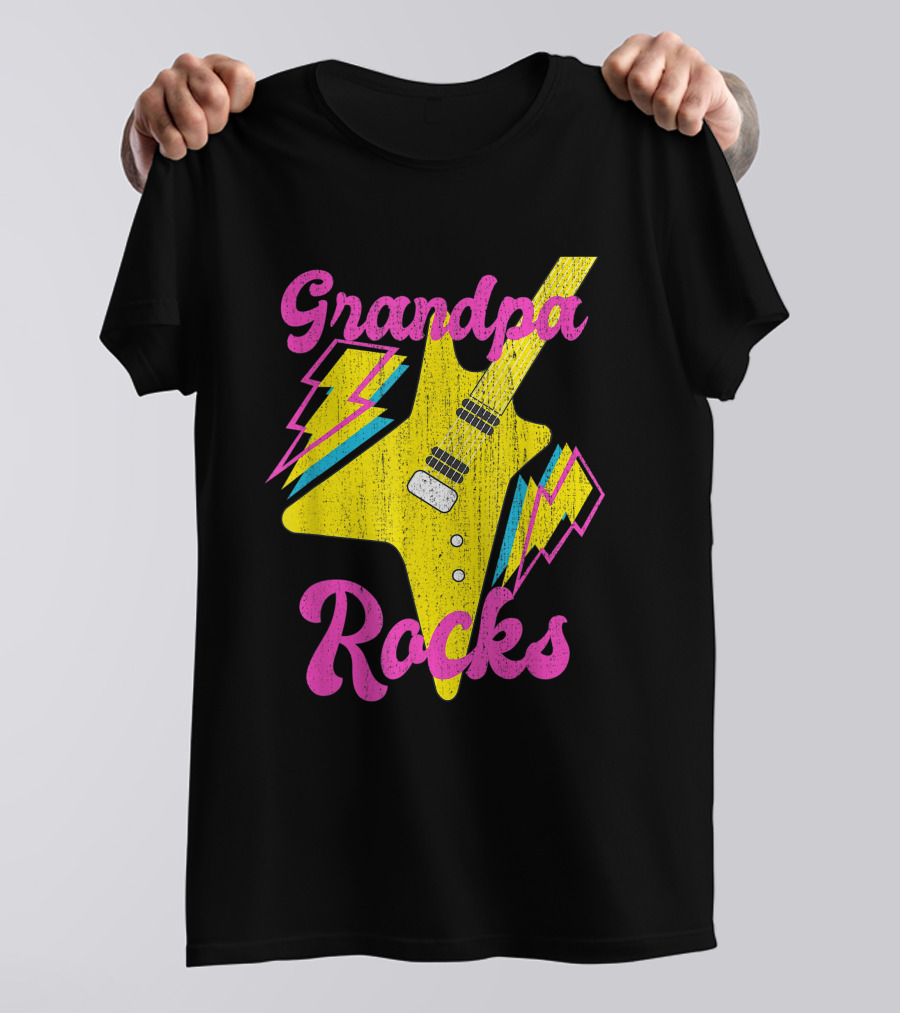Grandpa Rocks Yellow Electric Guitar With Lightning Bolts T-Shirt