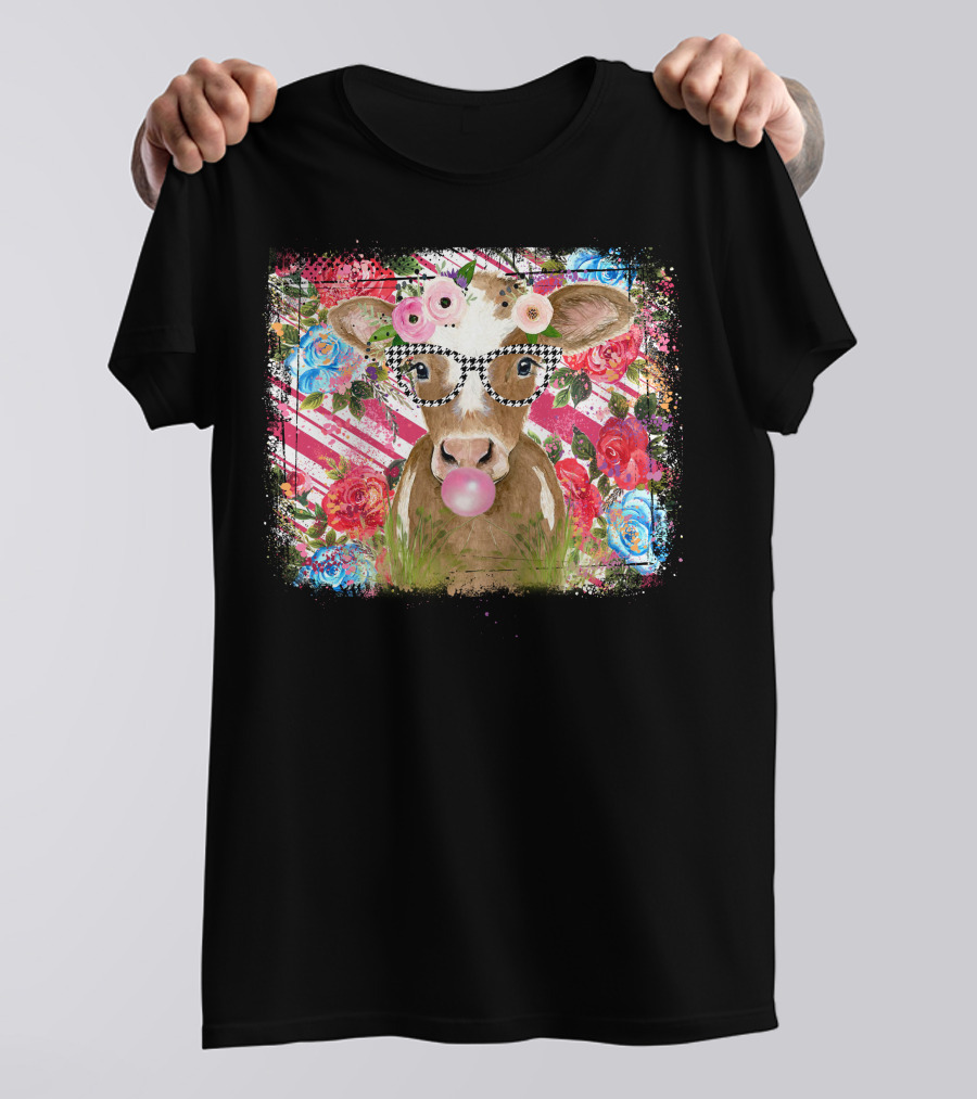 Cow With Glasses Bubblegum Floral Background T-Shirt