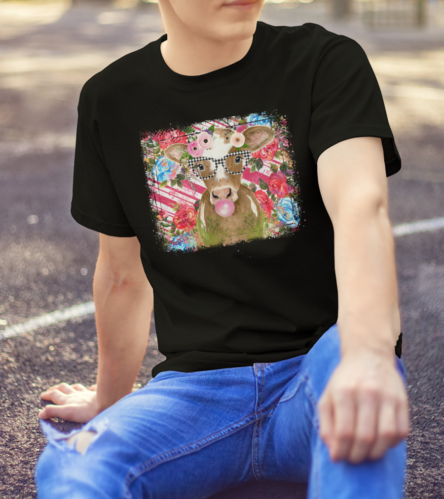 Cow With Glasses Bubblegum Floral Background T-Shirt