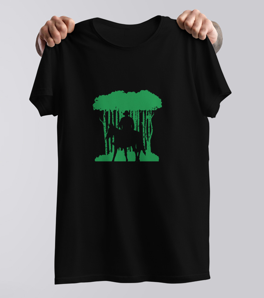 Cowboy Horseback Silhouette In Forest Outline T-Shirt