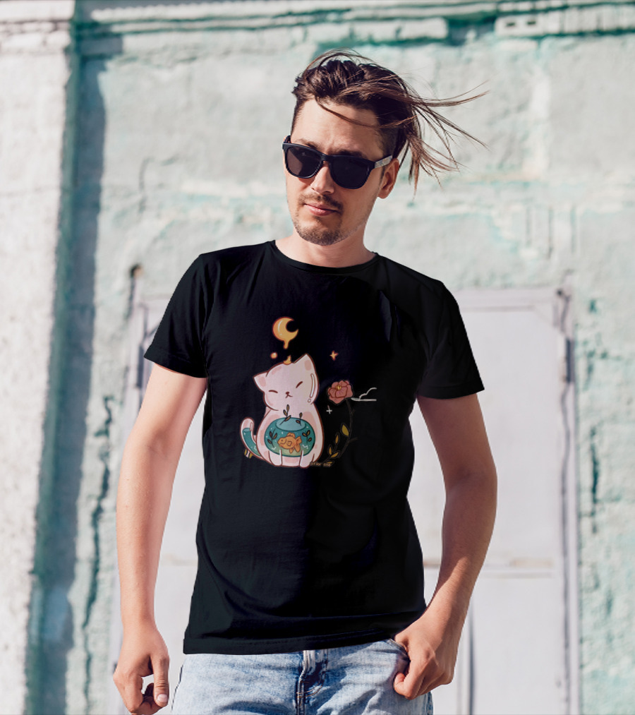 Cute Cat With Fishbowl And Night Sky Elements For Cat Lover T-Shirt