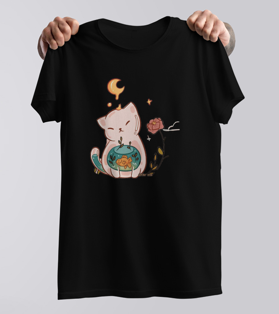 Cute Cat With Fishbowl And Night Sky Elements For Cat Lover T-Shirt
