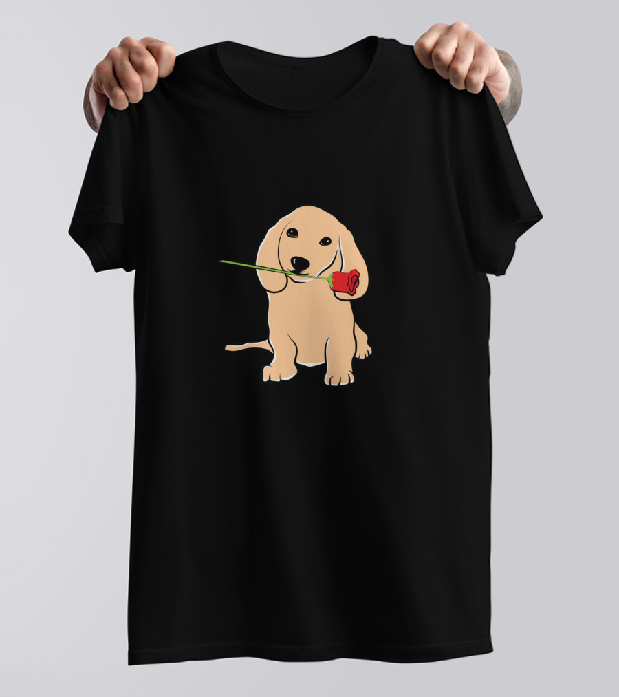 Cute Puppy Holding Red Rose In Mouth T-Shirt