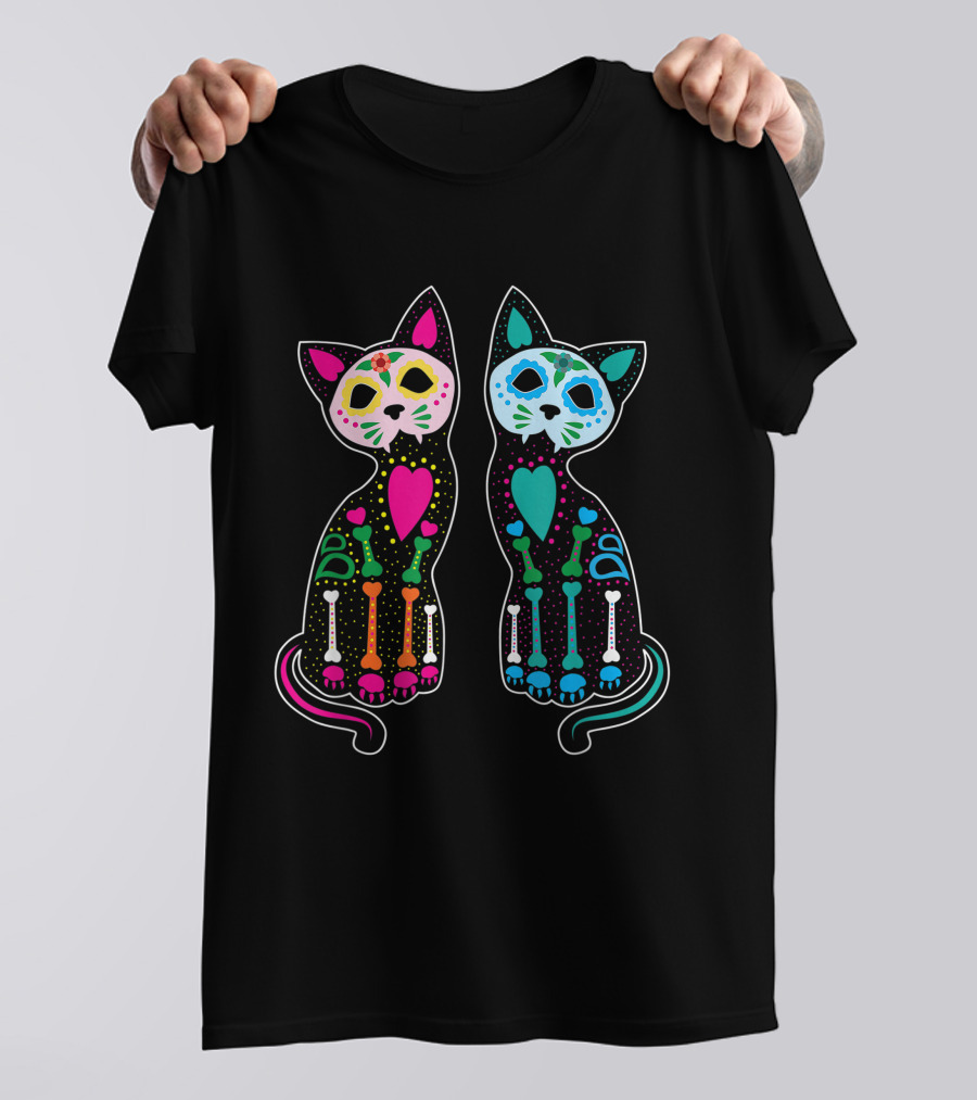 Day Of Dead Sugar Cats Skeleton Skull Colorful Hearts T-Shirt
