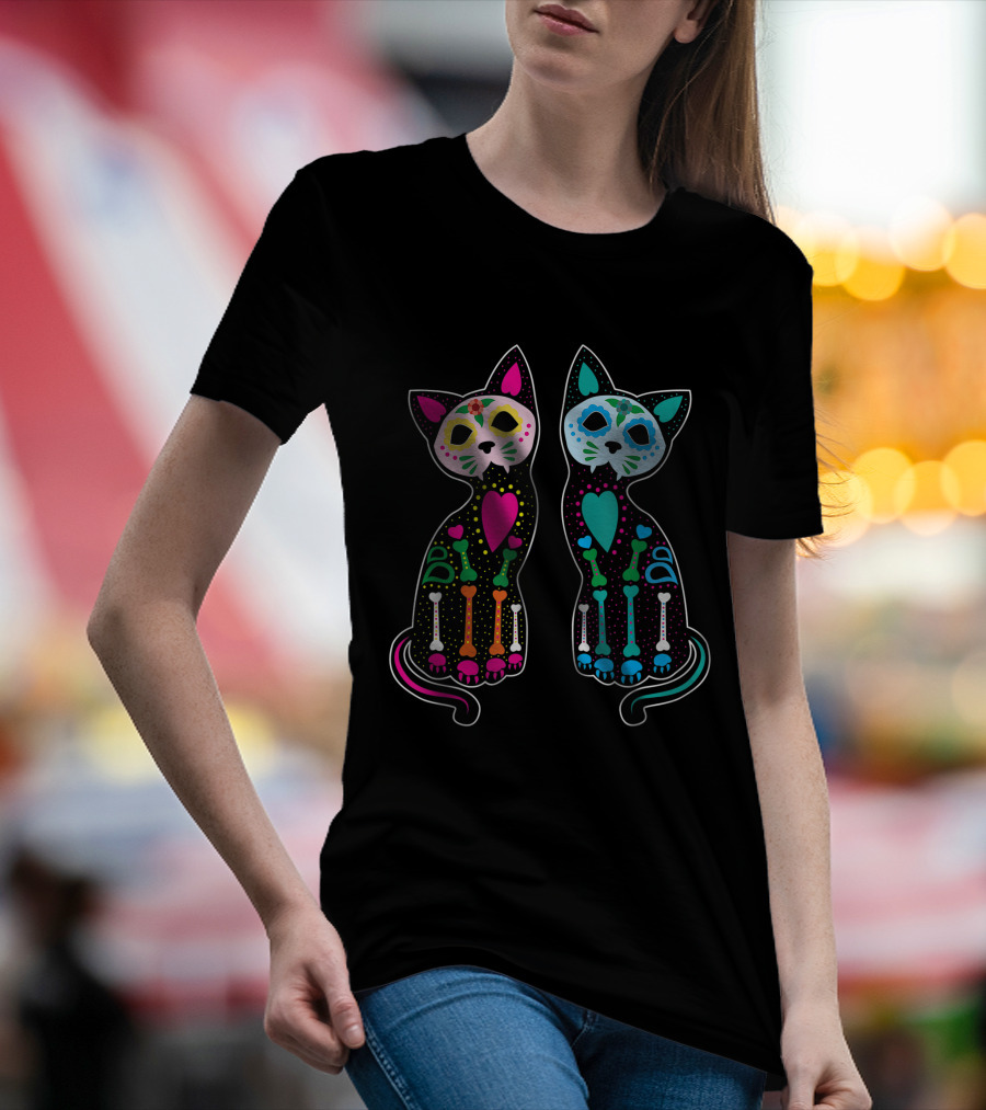 Day Of Dead Sugar Cats Skeleton Skull Colorful Hearts T-Shirt