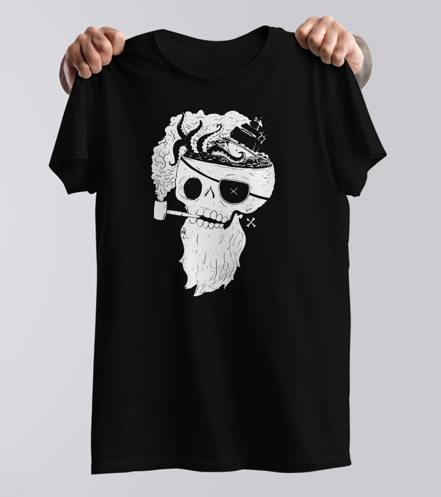 Dead Beard Pirate Skull With Pipe And Ship On Brain T-Shirt