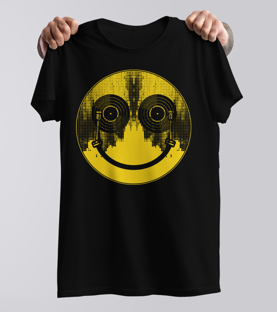 DJ Smile Life Face With Vinyl Records Eyes And Headphones Music T-Shirt