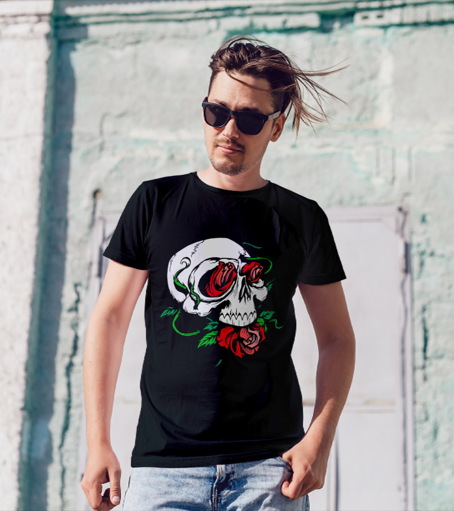 Epic Metal Rock Symphonic Skull With Red Roses T-Shirt