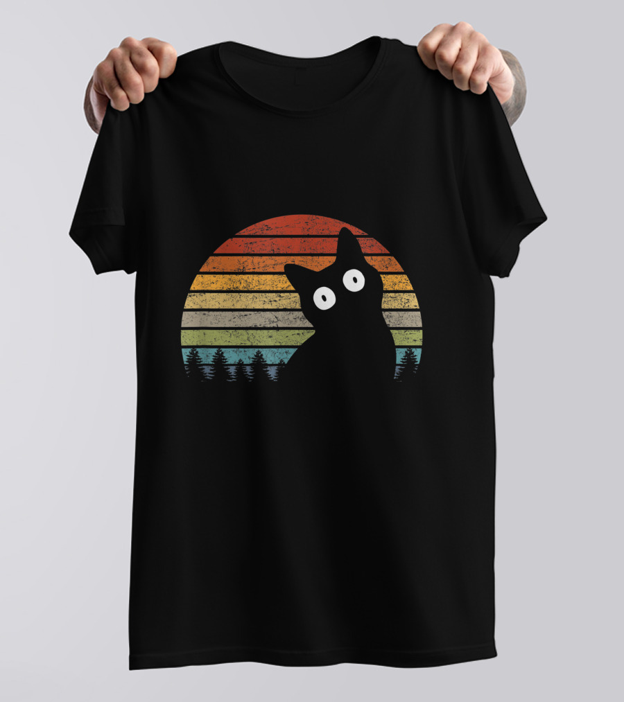 Funny Black Cat Retro Sunset Forest Scene T-Shirt
